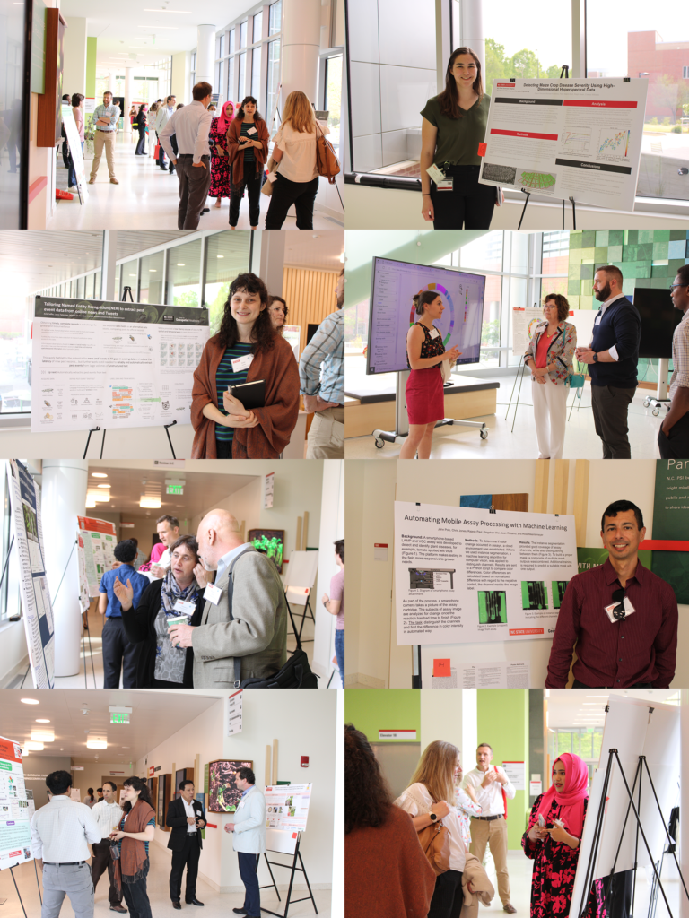 A composite image of photos taken at the symposium poster session, including presenters standing by their posters and presenters talking with other symposium attendees.